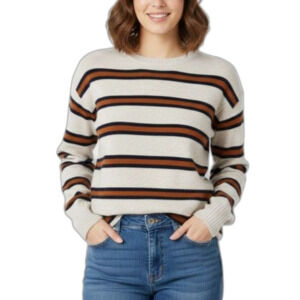 Brown Allen Ivory Navy Orange Striped Merino Cashmere Crewneck Sweater Size M